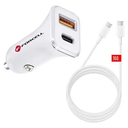 Chargeur Voiture Rapide Forcell 20W USB + USB-C & Câble Long 1,80m Blanc