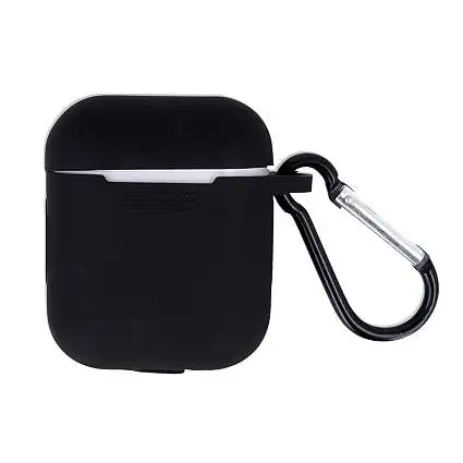 Présentation Étui Coque Silicone pour Apple AirPods (1 & 2) Noir, Crochet Amovible