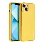 Présentation Coque Eco Cuir Summer pour iPhone 14 Plus, Stylé, Inserts Metal, Jaune