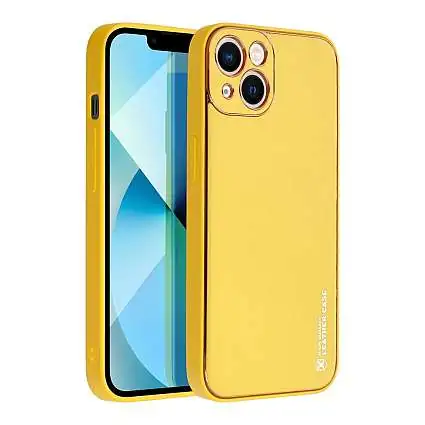 Présentation Coque Eco Cuir Summer pour iPhone 14 Plus, Stylé, Inserts Metal, Jaune