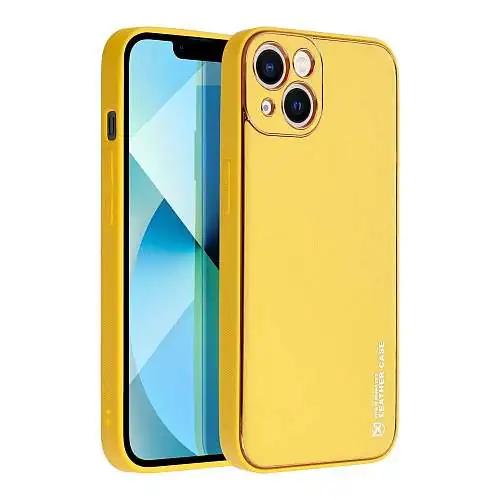 Coque Eco Cuir Summer pour iPhone 14 Plus, Stylé, Inserts Metal, Jaune