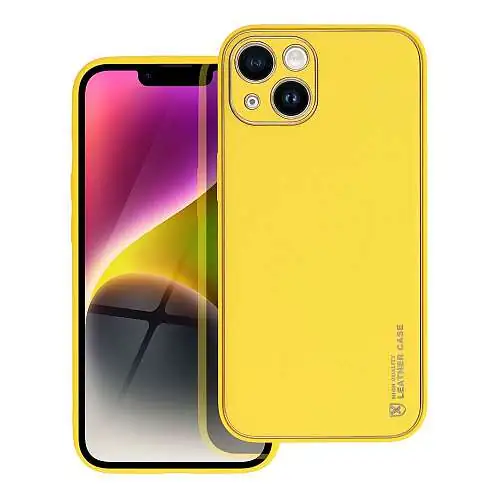 Coque Eco Cuir Summer pour iPhone 15 Plus, Stylé, Inserts Metal, Jaune