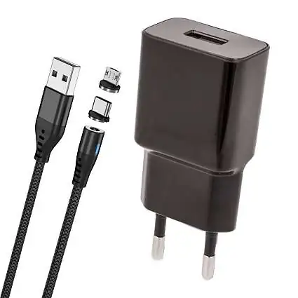 Présentation Lot Chargeur USB 2A + Câble Magnétique Nylon 2 ports USB-C et Micro USB Noir