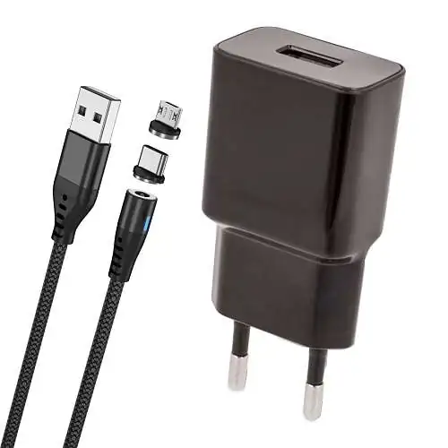 Lot Chargeur USB 2A + Câble Magnétique Nylon 2 ports USB-C et Micro USB Noir