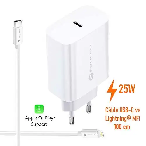 Chargeur Forcell Rapide 25W AFC + Câble Lightning® PD et QC 4.0 Blanc