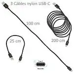 Présentation Devia Lot 3 Câbles Nylon USB-C Certifié Noir 25 cm 1m 2m Noir