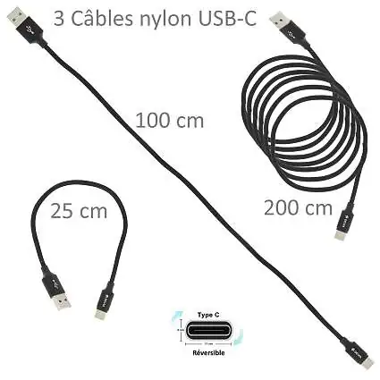 Présentation Devia Lot 3 Câbles Nylon USB-C Certifié Noir 25 cm 1m 2m Noir