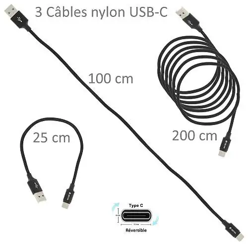 Devia Lot 3 Câbles Nylon USB-C Certifié Noir 25 cm 1m 2m Noir