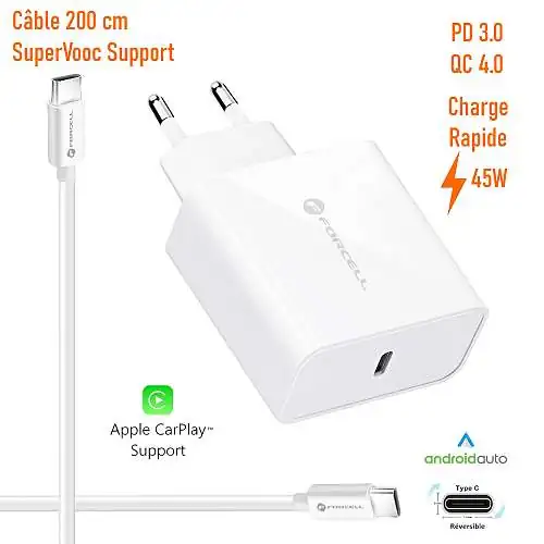 Chargeur Ultra Rapide Forcell 45W AFC + Câble USB-C 2m