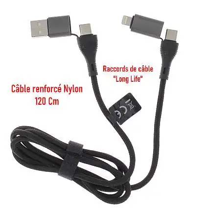 Présentation Câble Synchro et Charge Rapide Universel, 120 cm, 3A, Renforcé Nylon, Noir