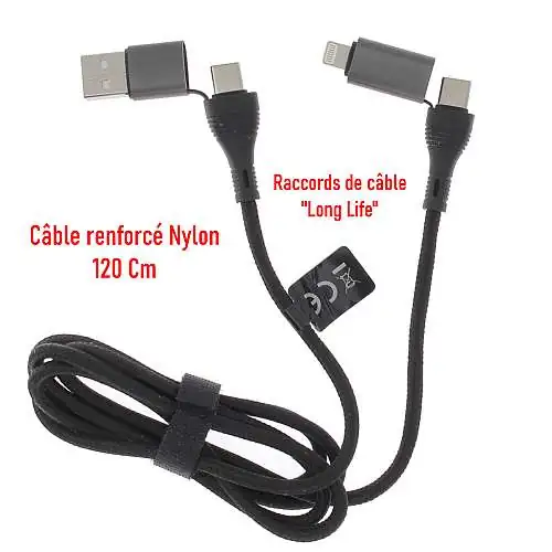 Câble Synchro et Charge Rapide Universel, 120 cm, 3A, Renforcé Nylon, Noir