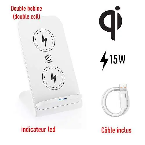 Support Bureau/Chargeur Induction Rapide 15W Blanc Qi, Support Bureau, Bi-Zones, Monobloc