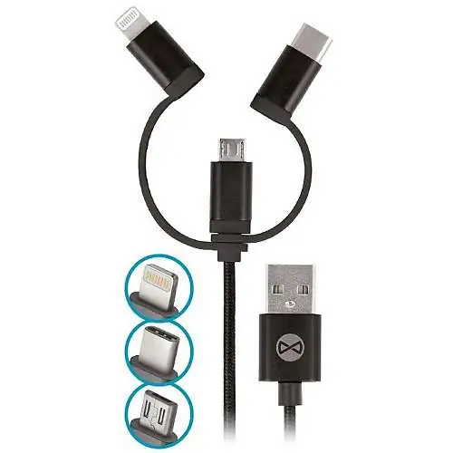 Forever Câble USB vers Micro-USB + USB-C + Lightning Nylon 1m Noir