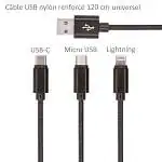 Présentation Setty Câble USB vers USB-C + Micro-USB + Lightning Nylon 120 cm Noir