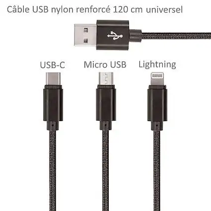 Présentation Setty Câble USB vers USB-C + Micro-USB + Lightning Nylon 120 cm Noir