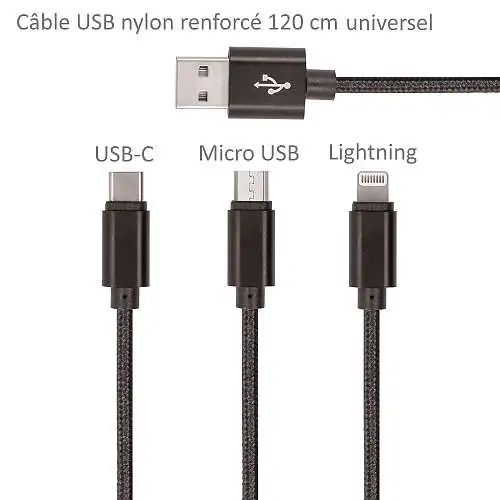 Setty Câble USB vers USB-C + Micro-USB + Lightning Nylon 120 cm Noir