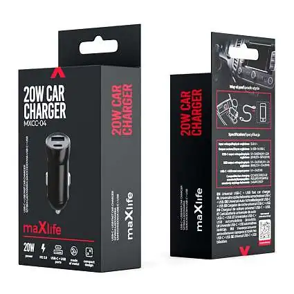 Présentation Chargeur Voiture Rapide 20W double port USB + USB-C, Câble 1,80m Noir