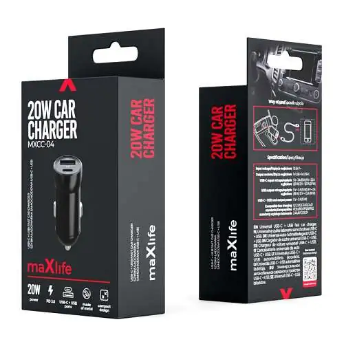 Chargeur Voiture Rapide 20W double port USB + USB-C, Câble 1,80m Noir