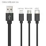 Présentation Câble USB vers USB-C + Micro-USB + Lightning Plat 1m Noir