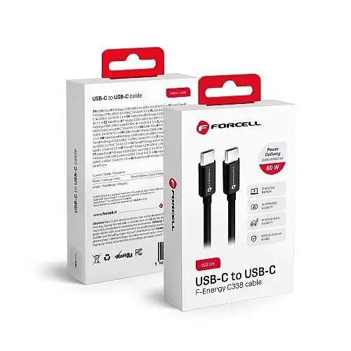 Découvrez le Câble ForCell USB-C vers USB-C, 150 cm, PD, QC4.0 & SuperVooc 60W Noir