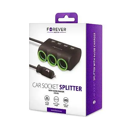 Présentation Multiprise allume-cigare Forever 4 x USB 1-2.4A avec câble