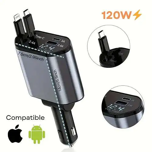 Chargeur de voiture rétractable 4-en-1 – 120W | USB-C + Lightning | Affichage LED