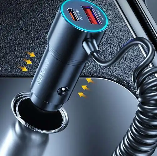 Chargeur voiture 66W 2 Ports USB + Câble USB-C Extensible