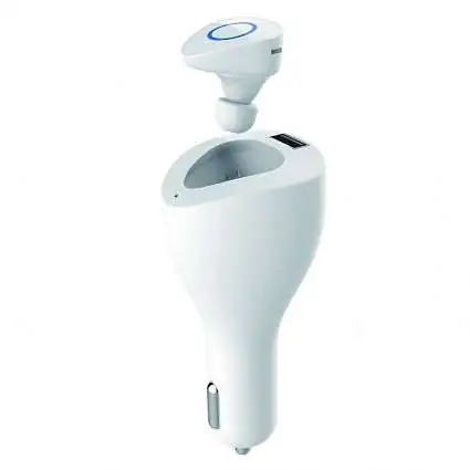 Présentation Oreillette Bluetooth Devia Vortex sur Chargeur Auto 2A Blanc