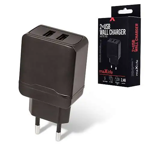 Chargeur Secteur 2 ports USB 2,4 A Noir MaXlife MXTC-02