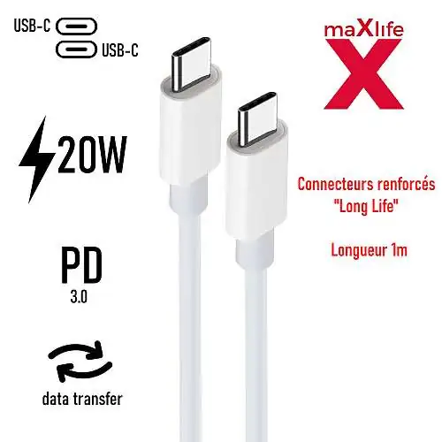 MaXlife Câble USB-C vers USB-C Certifié 3A 20W 1m Blanc