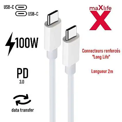 Présentation MaXlife Câble 2m USB-C vers USB-C Certifié 100W Blanc