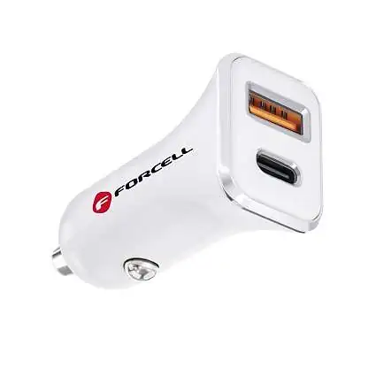 Présentation Chargeur Voiture Rapide Forcell 20W USB + USB-C PD 3.0 Blanc